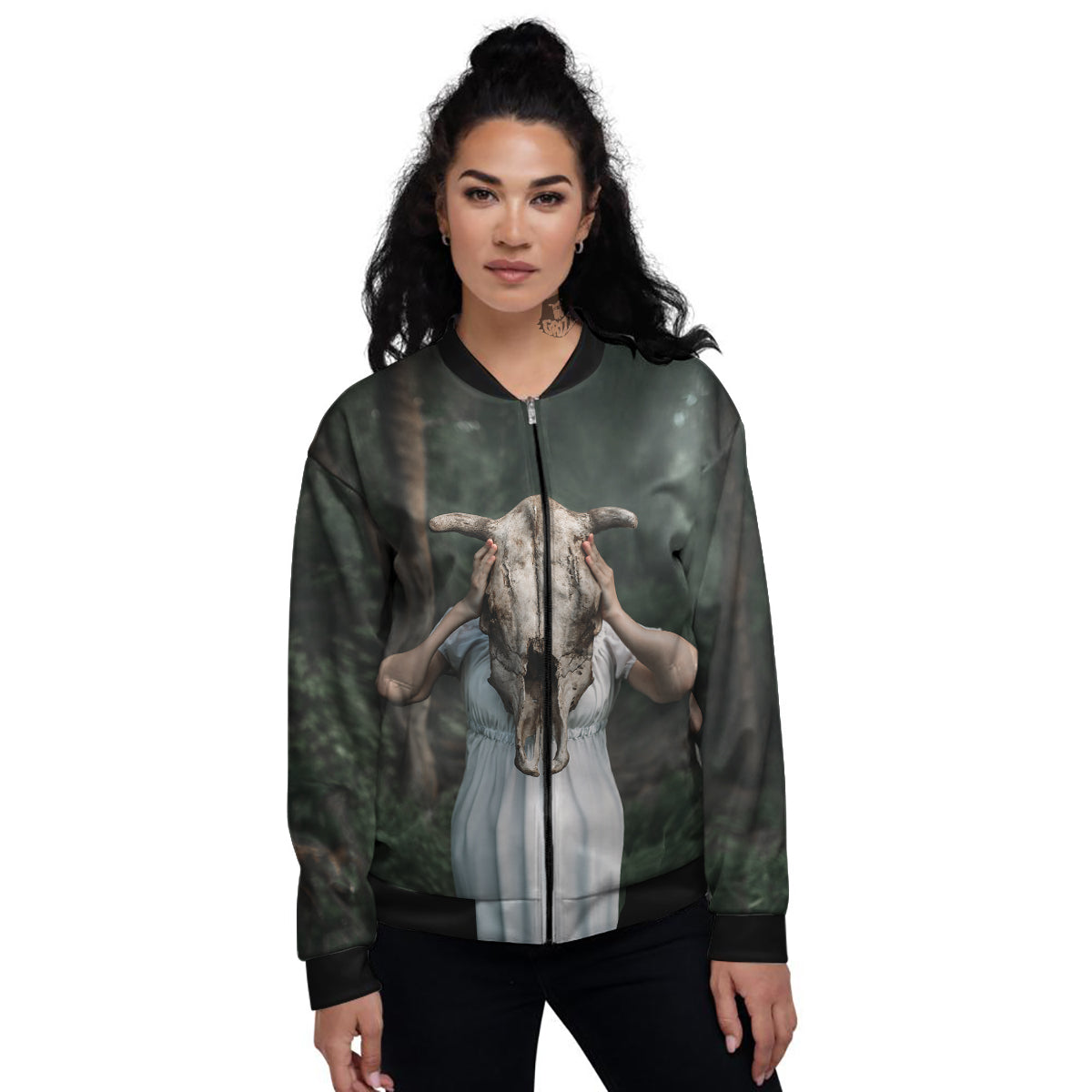 Girl With Animal Skull Print Women's Bomber Jacket-grizzshop
