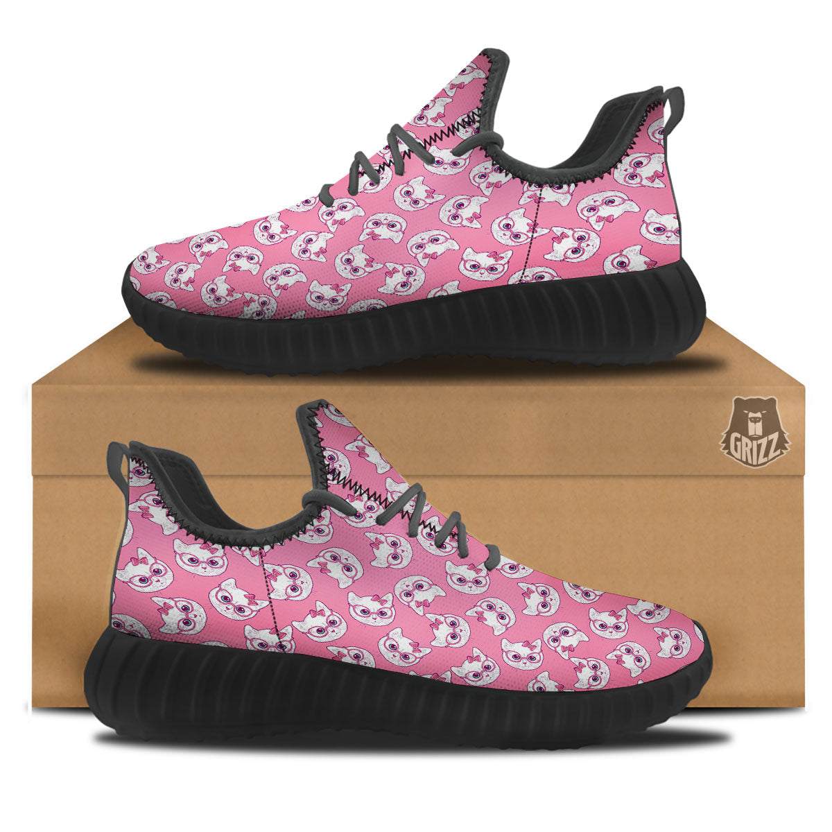 Girly Cat With Glasses Print Pattern Black Walking Shoes-grizzshop