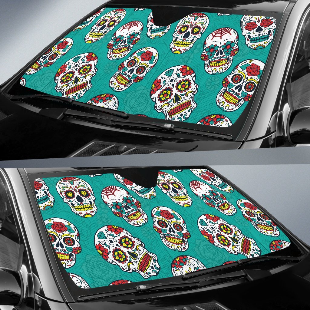 Girly Floral Rose Sugar Skull Skeleton Pattern Print Car Sun Shade-grizzshop