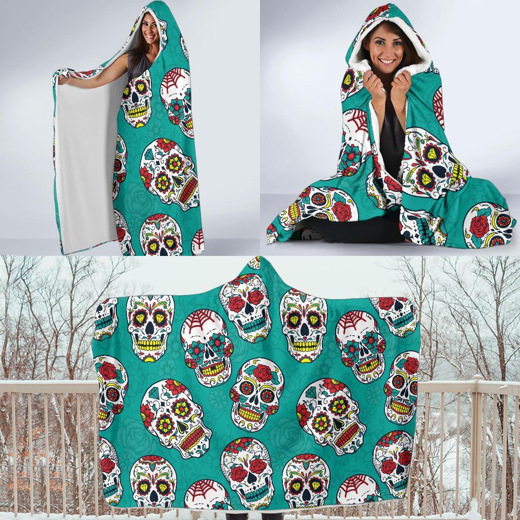 Girly Floral Rose Sugar Skull Skeleton Pattern Print Hooded Blanket-grizzshop