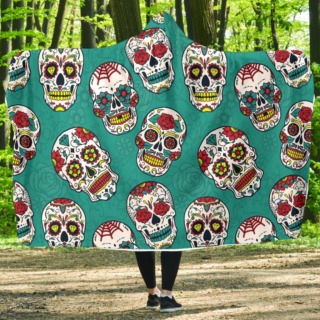 Girly Floral Rose Sugar Skull Skeleton Pattern Print Hooded Blanket-grizzshop