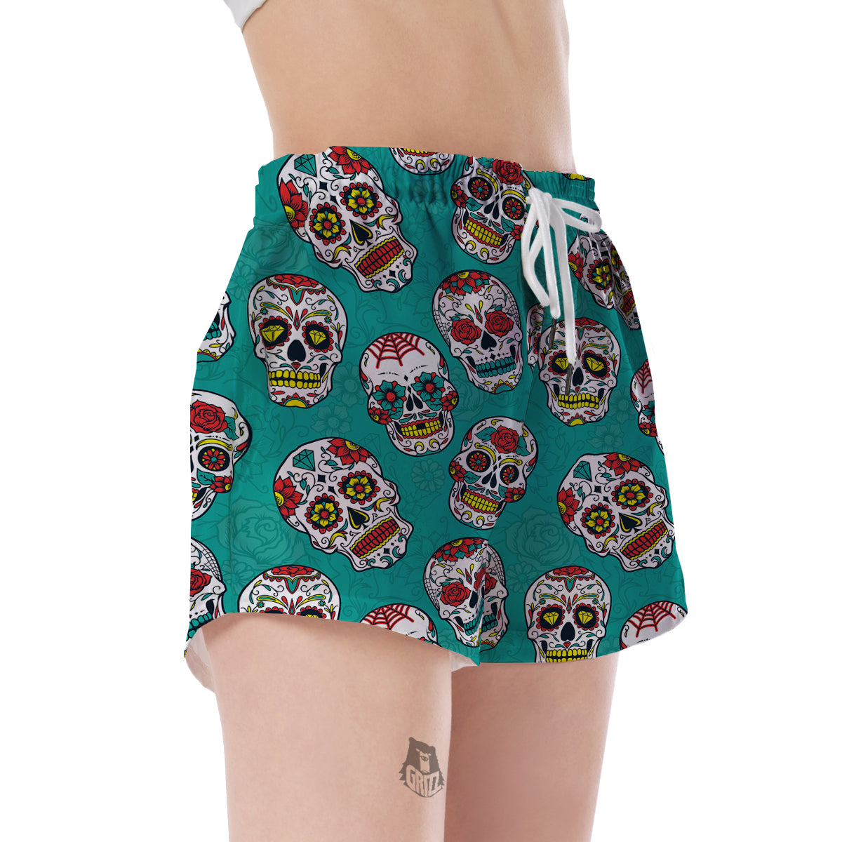 Girly Floral Rose Sugar Skull Skeleton Pattern Print Women's Shorts-grizzshop