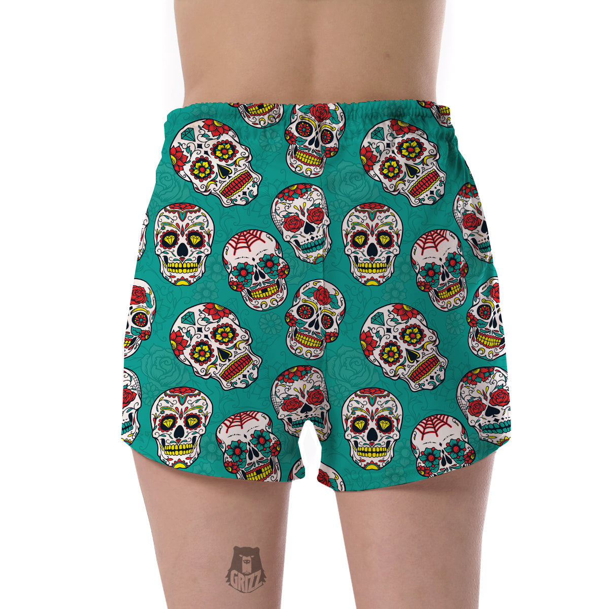 Girly Floral Rose Sugar Skull Skeleton Pattern Print Women's Shorts-grizzshop