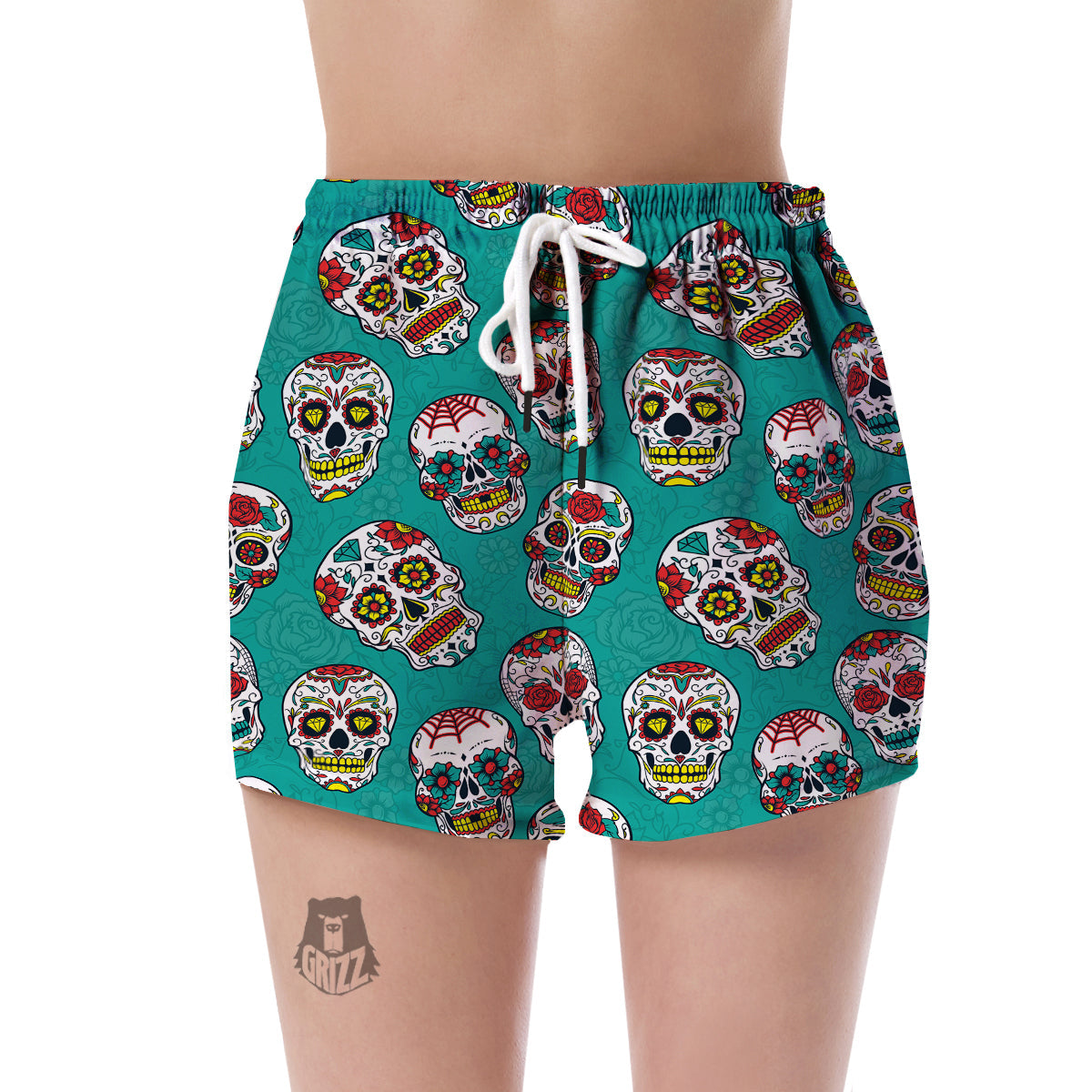 Girly Floral Rose Sugar Skull Skeleton Pattern Print Women's Shorts-grizzshop