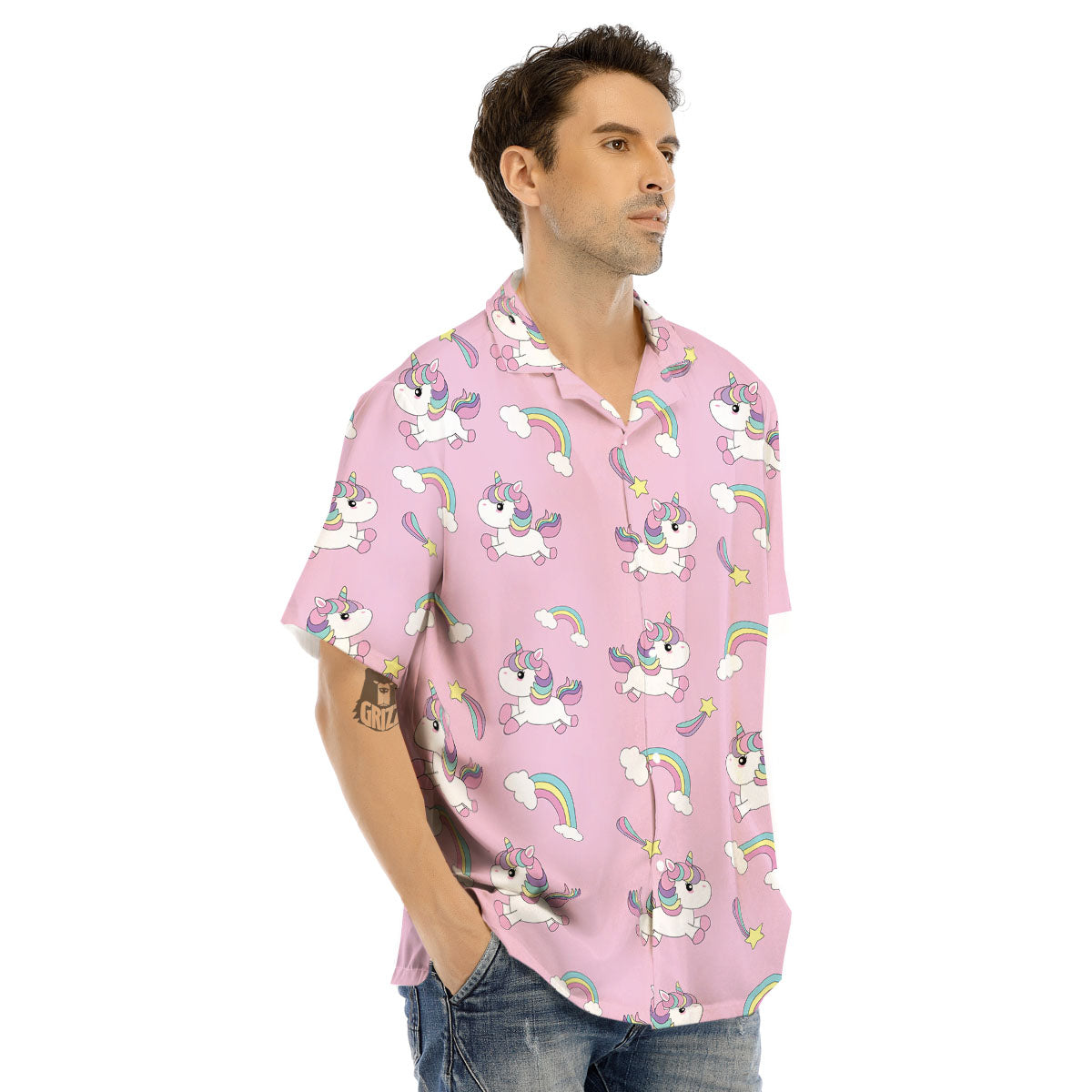 Girly Unicorn Pink Print Pattern Men's Hawaiian Shirt-grizzshop