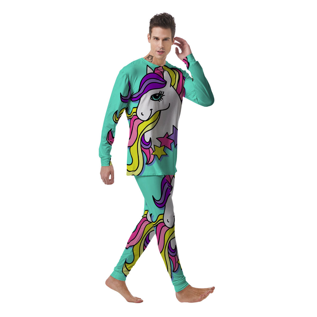 Girly Unicorn Teal Print Men's Pajamas-grizzshop