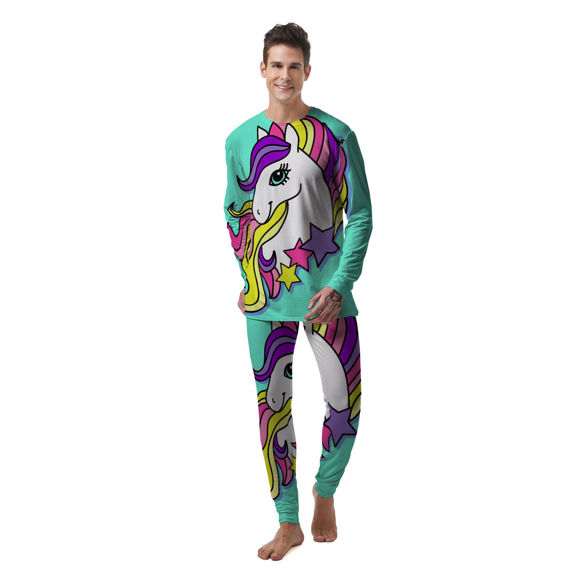 Girly Unicorn Teal Print Men's Pajamas-grizzshop