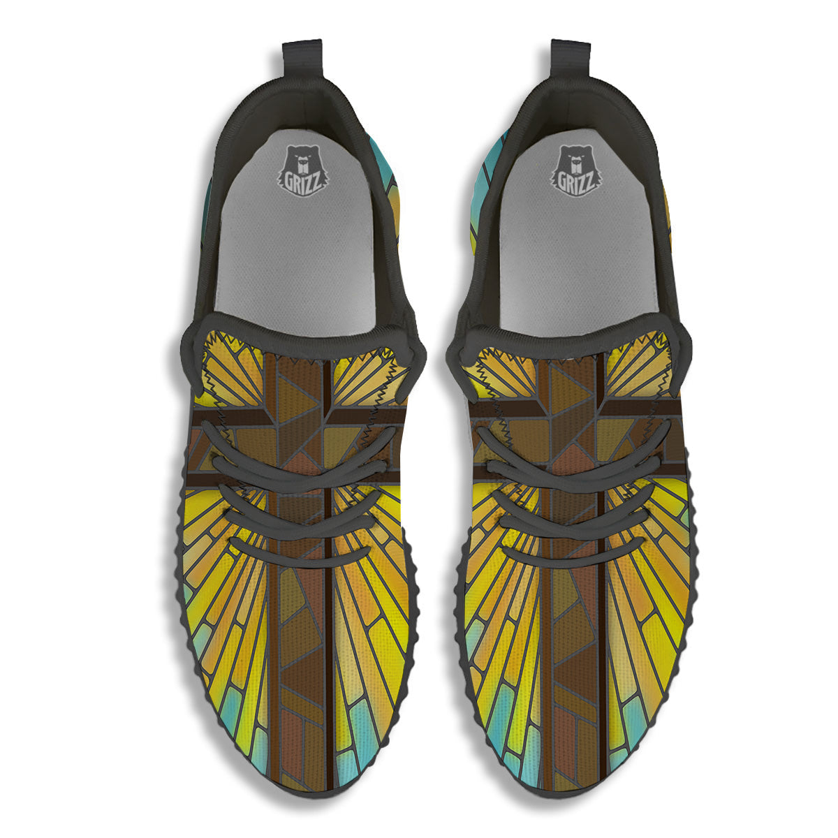 Glass Cross Blue Stained Print Black Walking Shoes-grizzshop