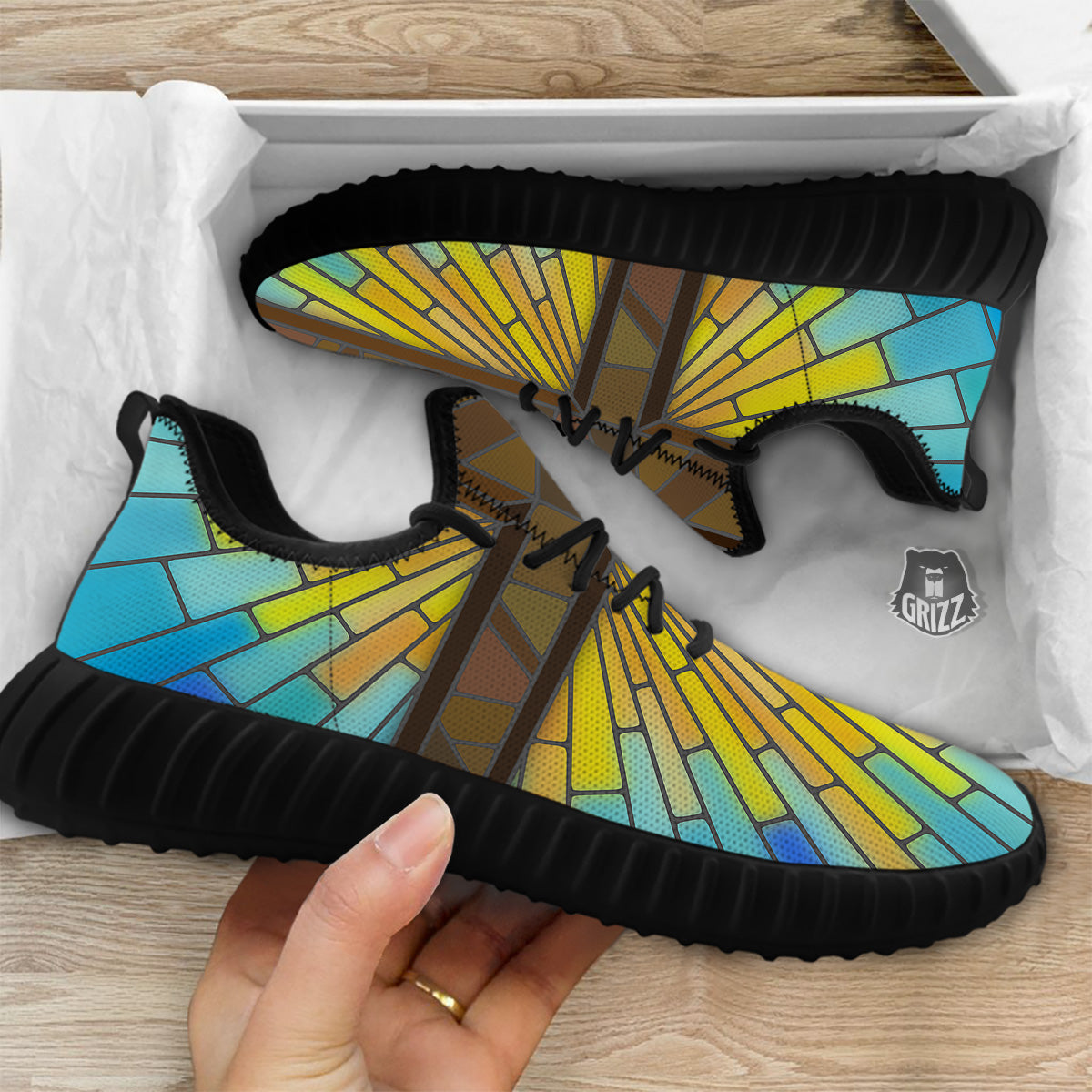 Glass Cross Blue Stained Print Black Walking Shoes-grizzshop