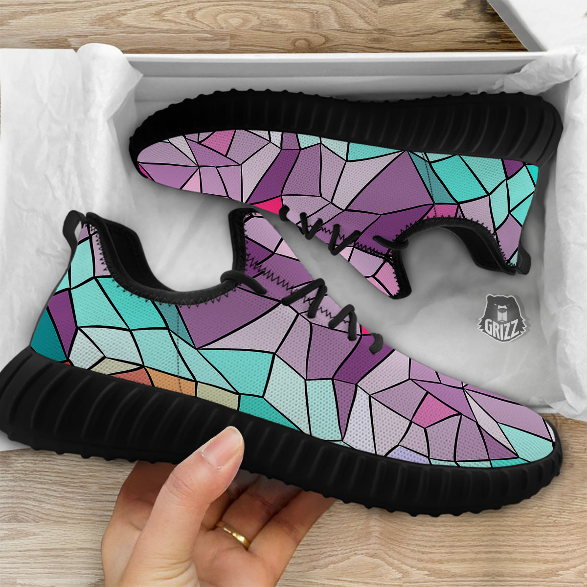 Glass Mosaic Colorful Stained Print Black Walking Shoes-grizzshop