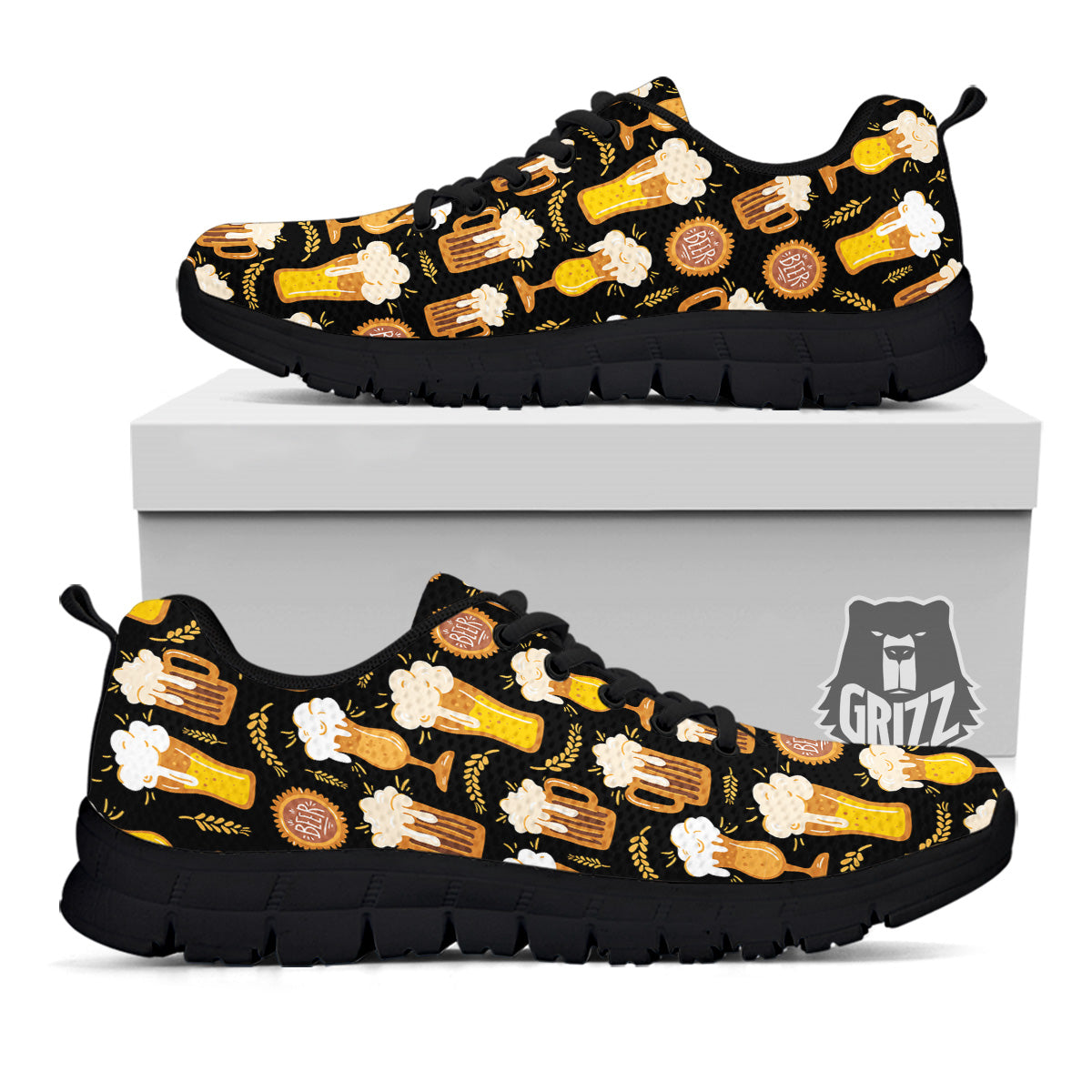 Glasses Of Beer Vintage Print Pattern Black Sneaker-grizzshop