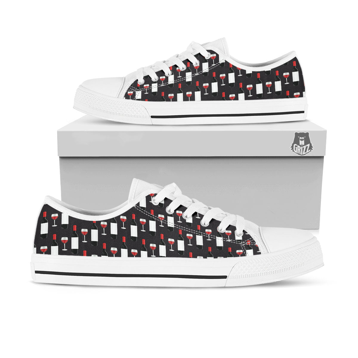 Glasses Of Wine And Bottles Print Pattern White Low Top Shoes-grizzshop