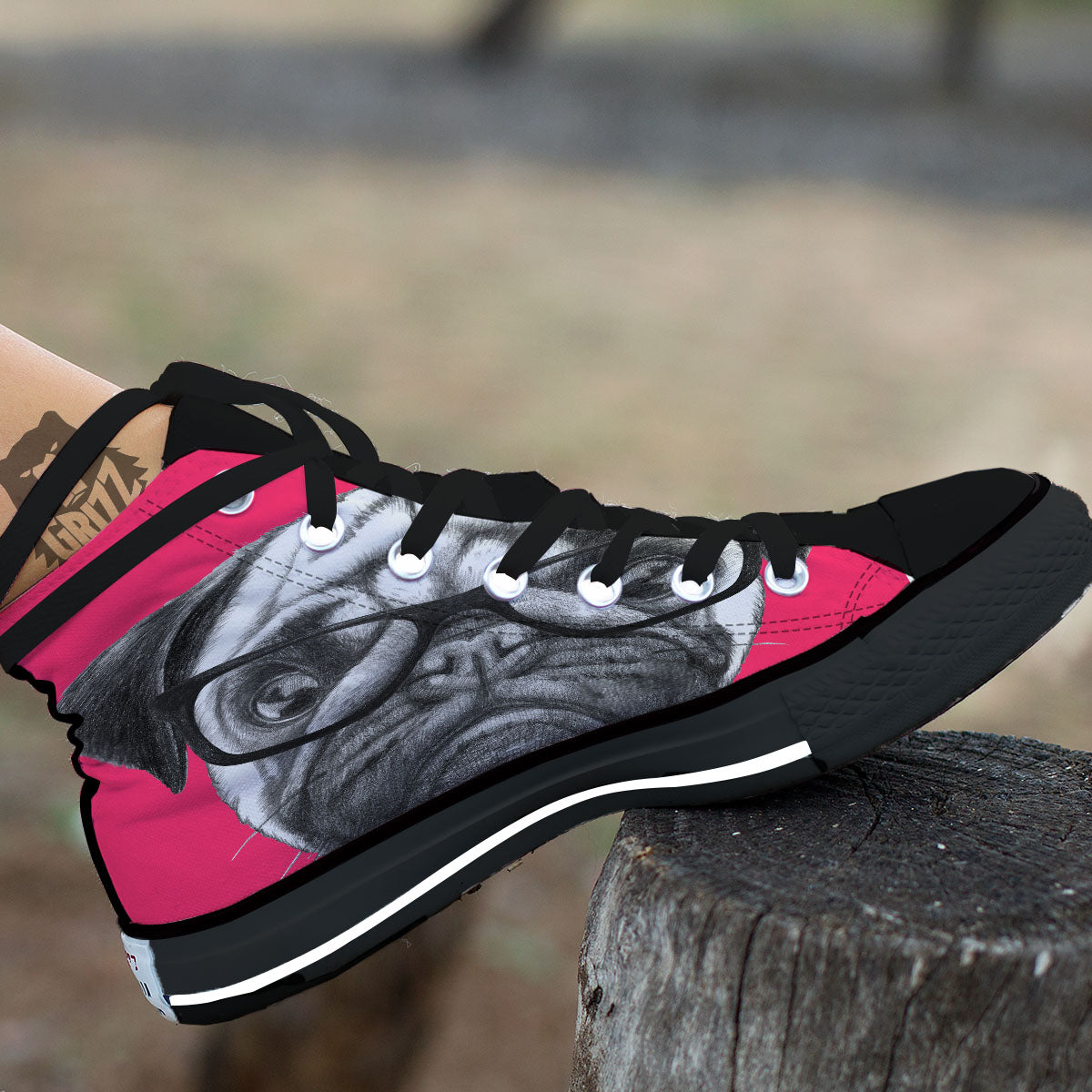 Glasses Pug Portrait Print Black High Top Shoes-grizzshop