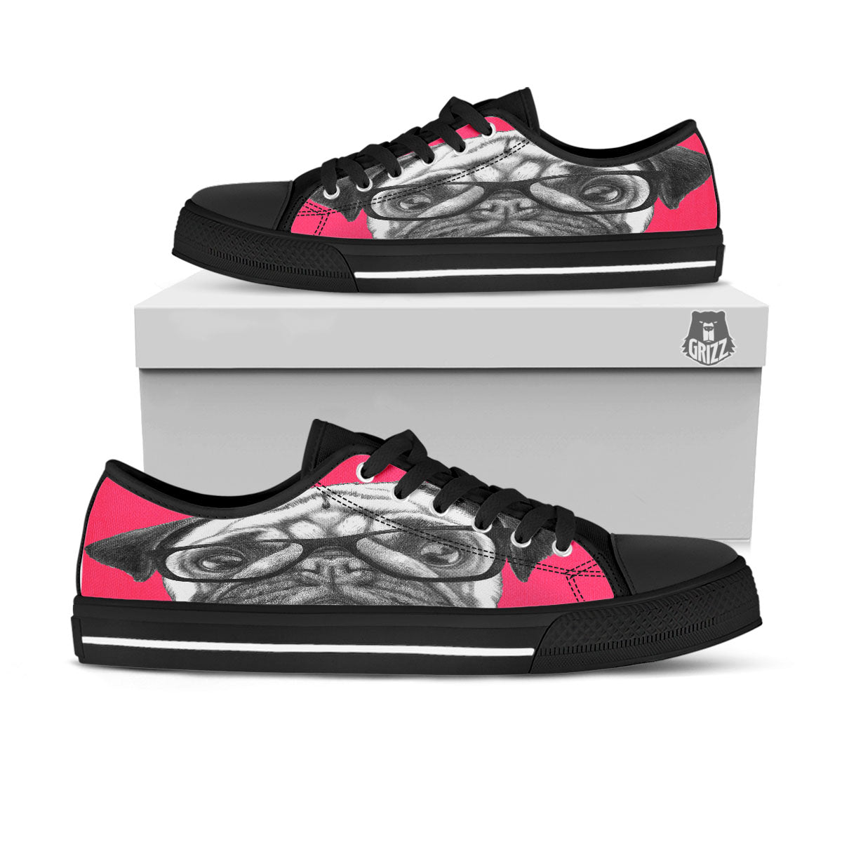 Glasses Pug Portrait Print Black Low Top Shoes-grizzshop