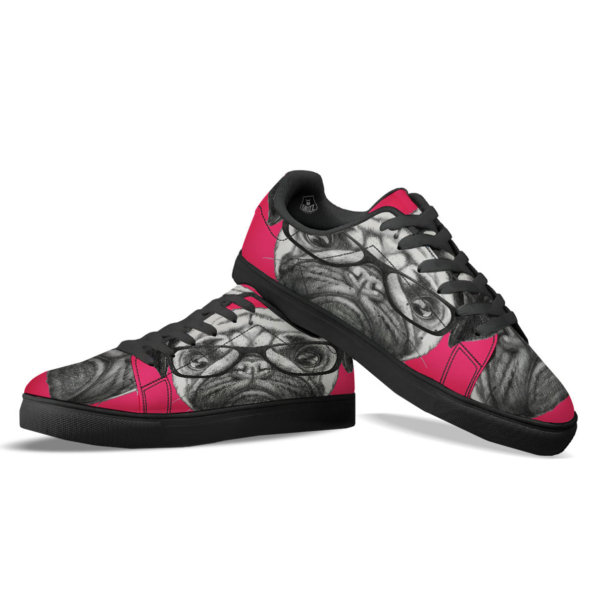 Glasses Pug Portrait Print Black Low Top Sneakers-grizzshop