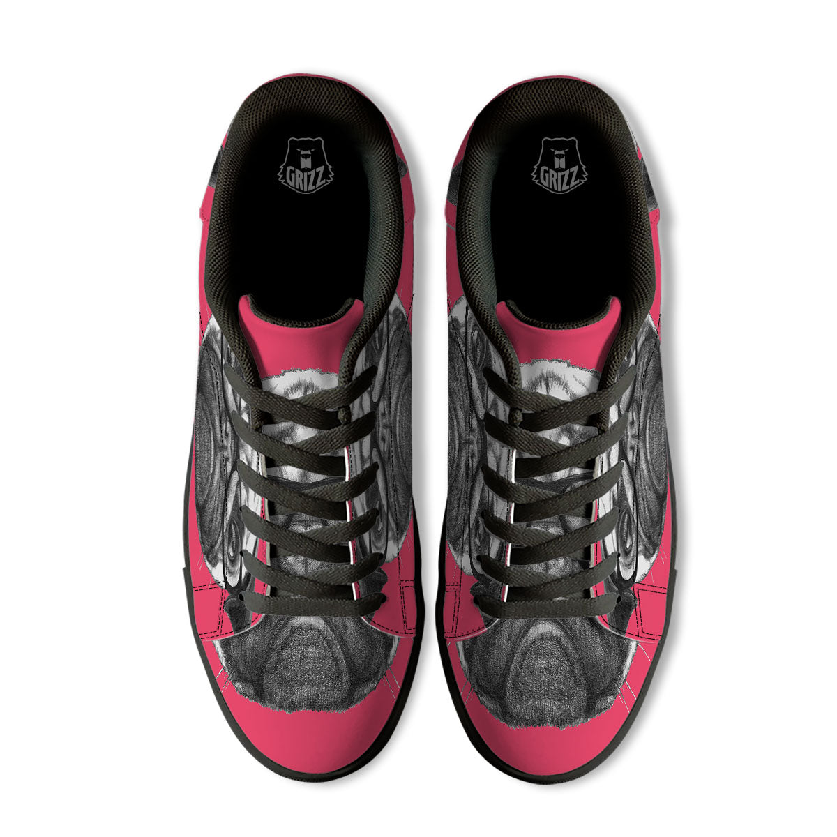 Glasses Pug Portrait Print Black Low Top Sneakers-grizzshop