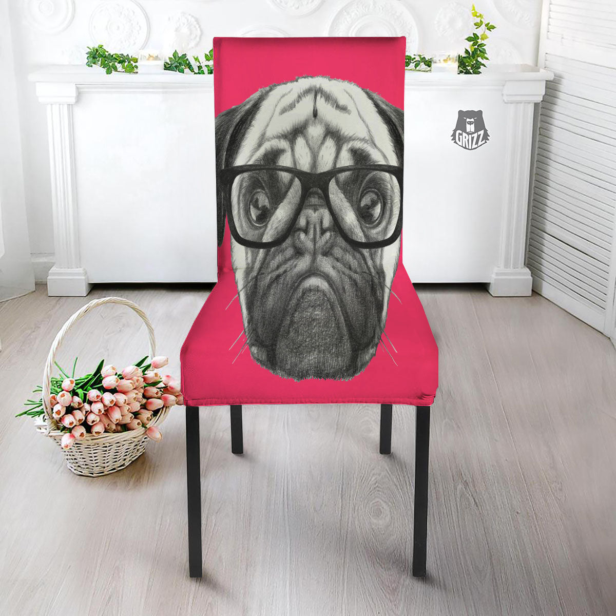 Glasses Pug Portrait Print Dining Chair Slipcover-grizzshop