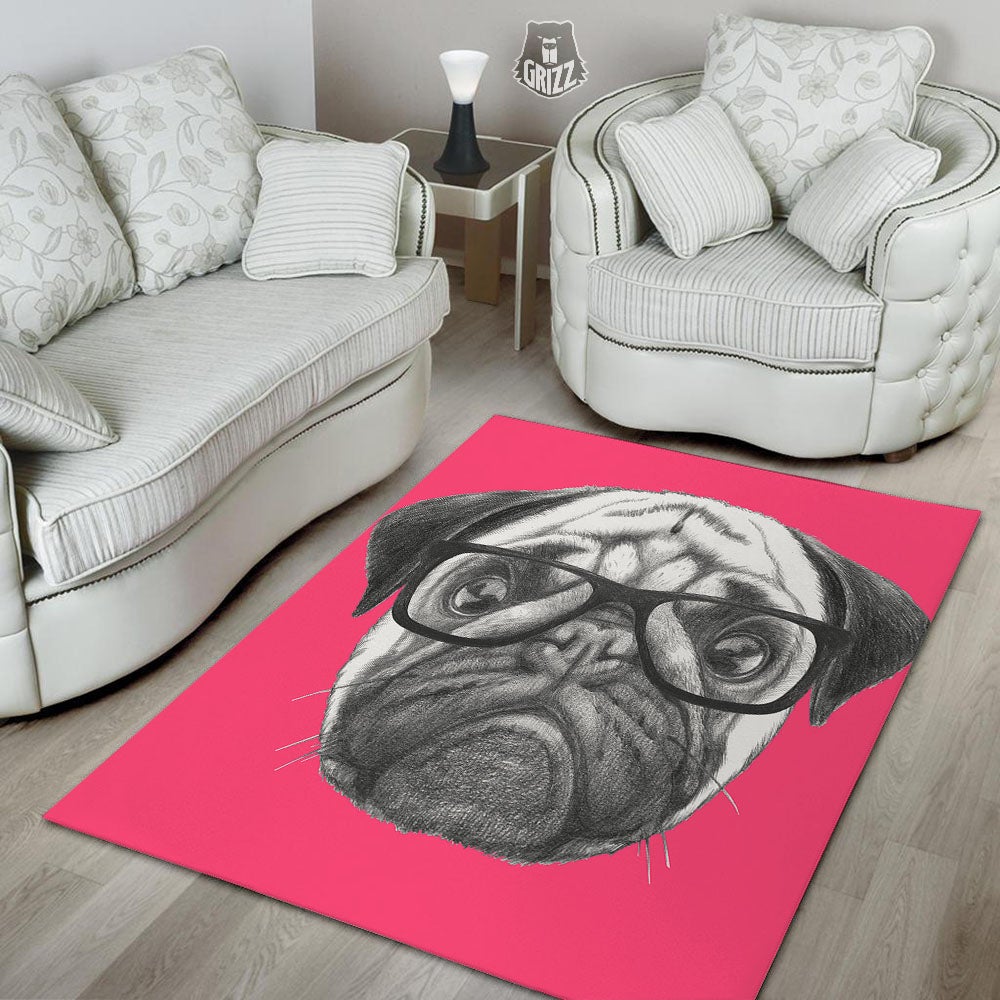 Glasses Pug Portrait Print Floor Mat-grizzshop