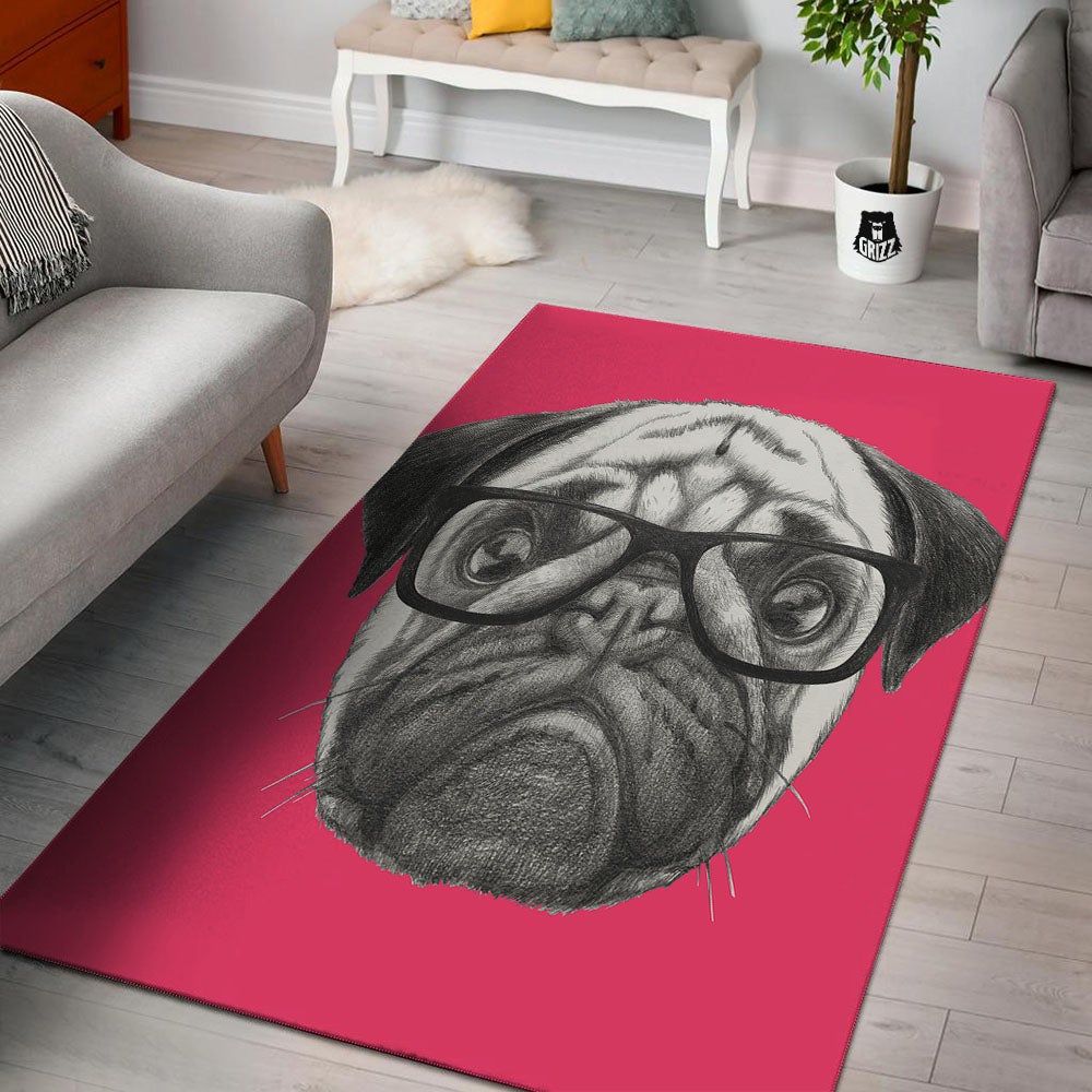 Glasses Pug Portrait Print Floor Mat-grizzshop