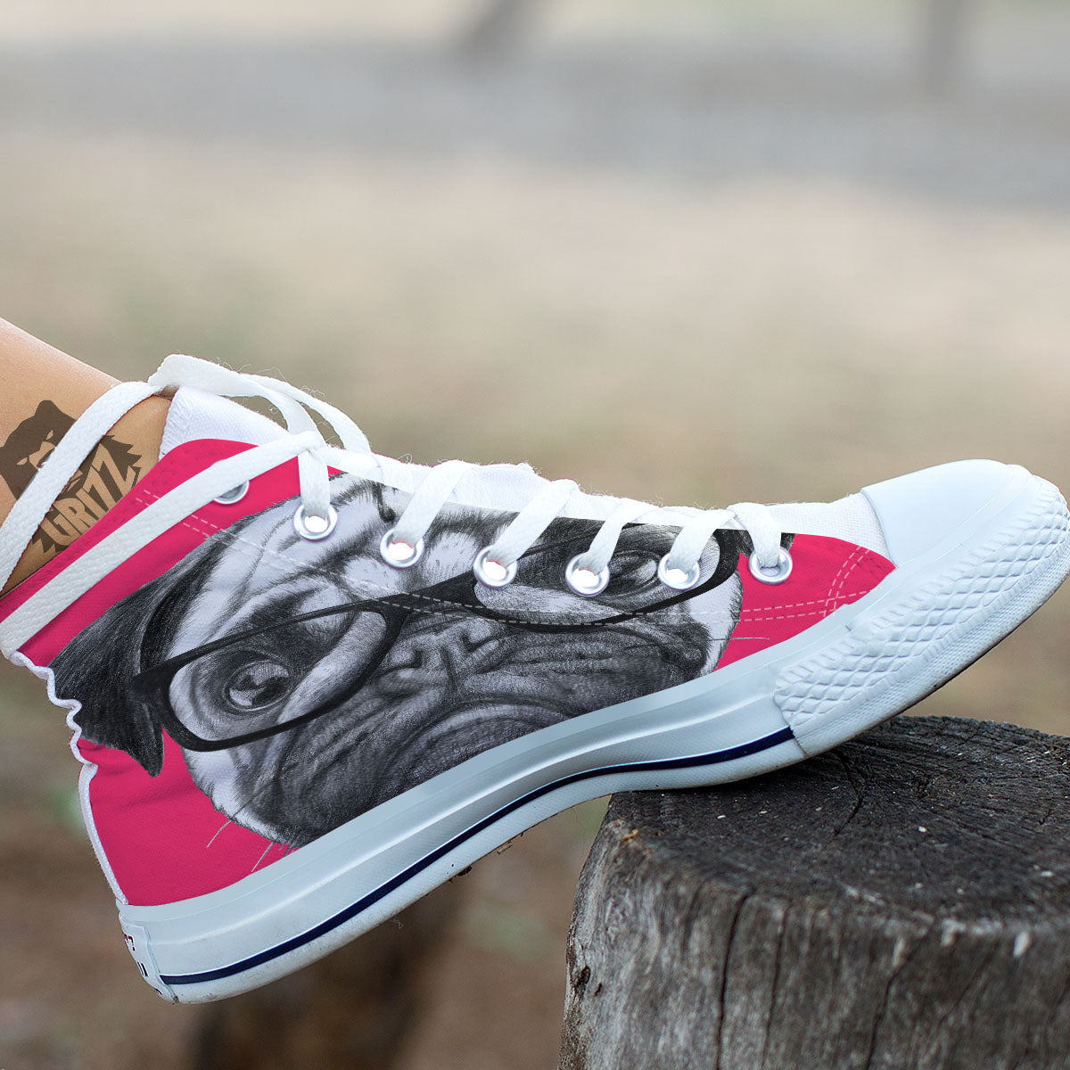 Glasses Pug Portrait Print White High Top Shoes-grizzshop
