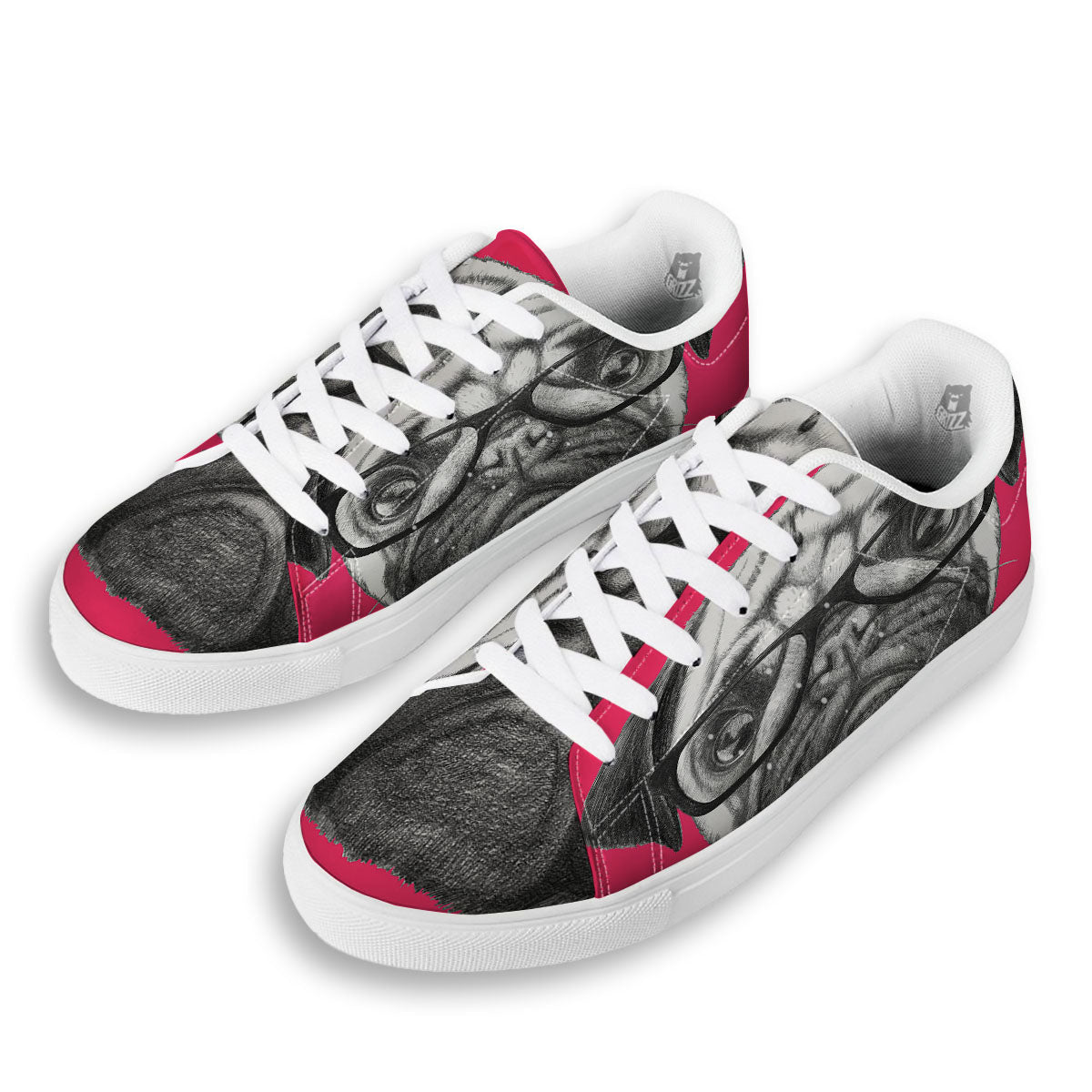 Glasses Pug Portrait Print White Low Top Sneakers-grizzshop