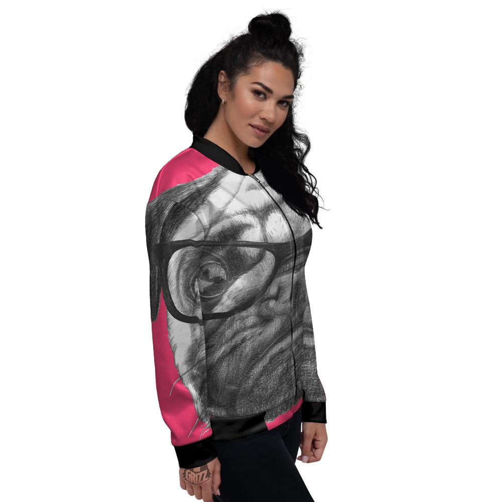 Glasses Pug Portrait Print Women's Bomber Jacket-grizzshop