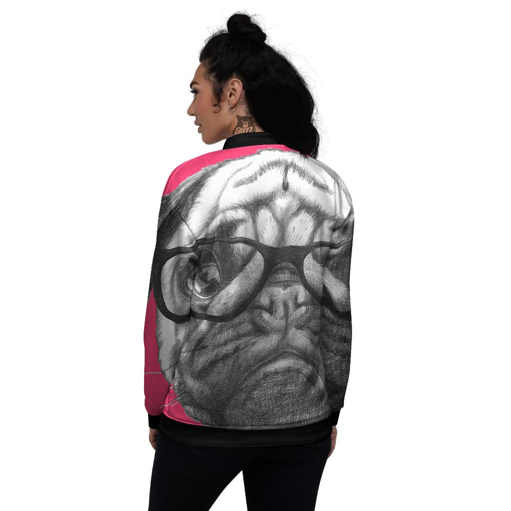 Glasses Pug Portrait Print Women's Bomber Jacket-grizzshop