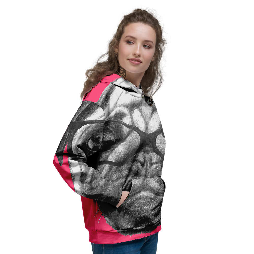 Glasses Pug Portrait Print Women's Hoodie-grizzshop