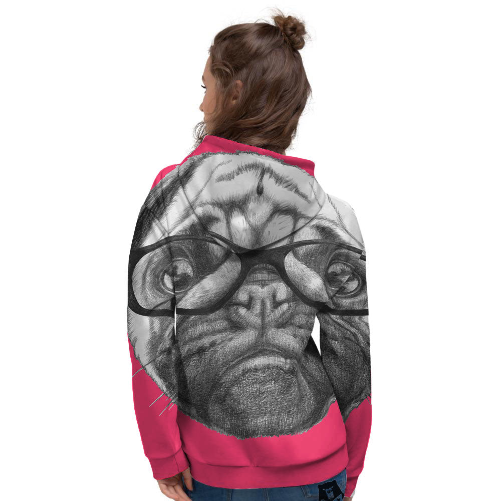 Glasses Pug Portrait Print Women's Hoodie-grizzshop