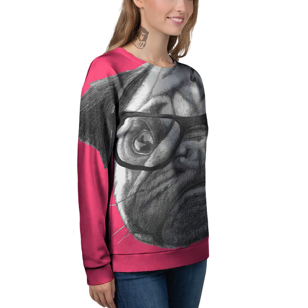 Glasses Pug Portrait Print Women's Sweatshirt-grizzshop