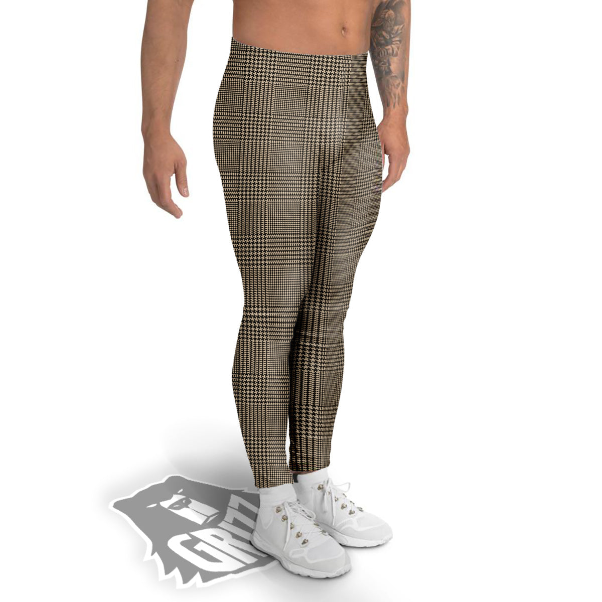 Glen Plaid Beige And Brown Print Men's Leggings-grizzshop