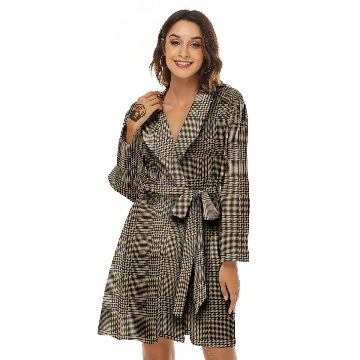 Glen Plaid Beige And Brown Print Women's Robe-grizzshop