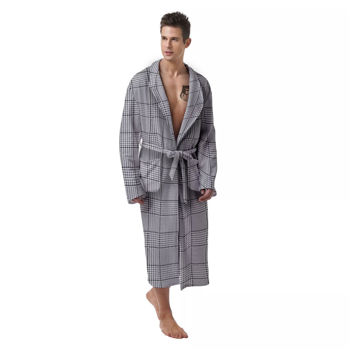 Glen Plaid White And Black Print Men's Robe-grizzshop