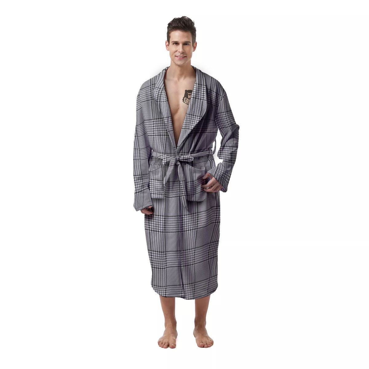 Glen Plaid White And Black Print Men's Robe-grizzshop