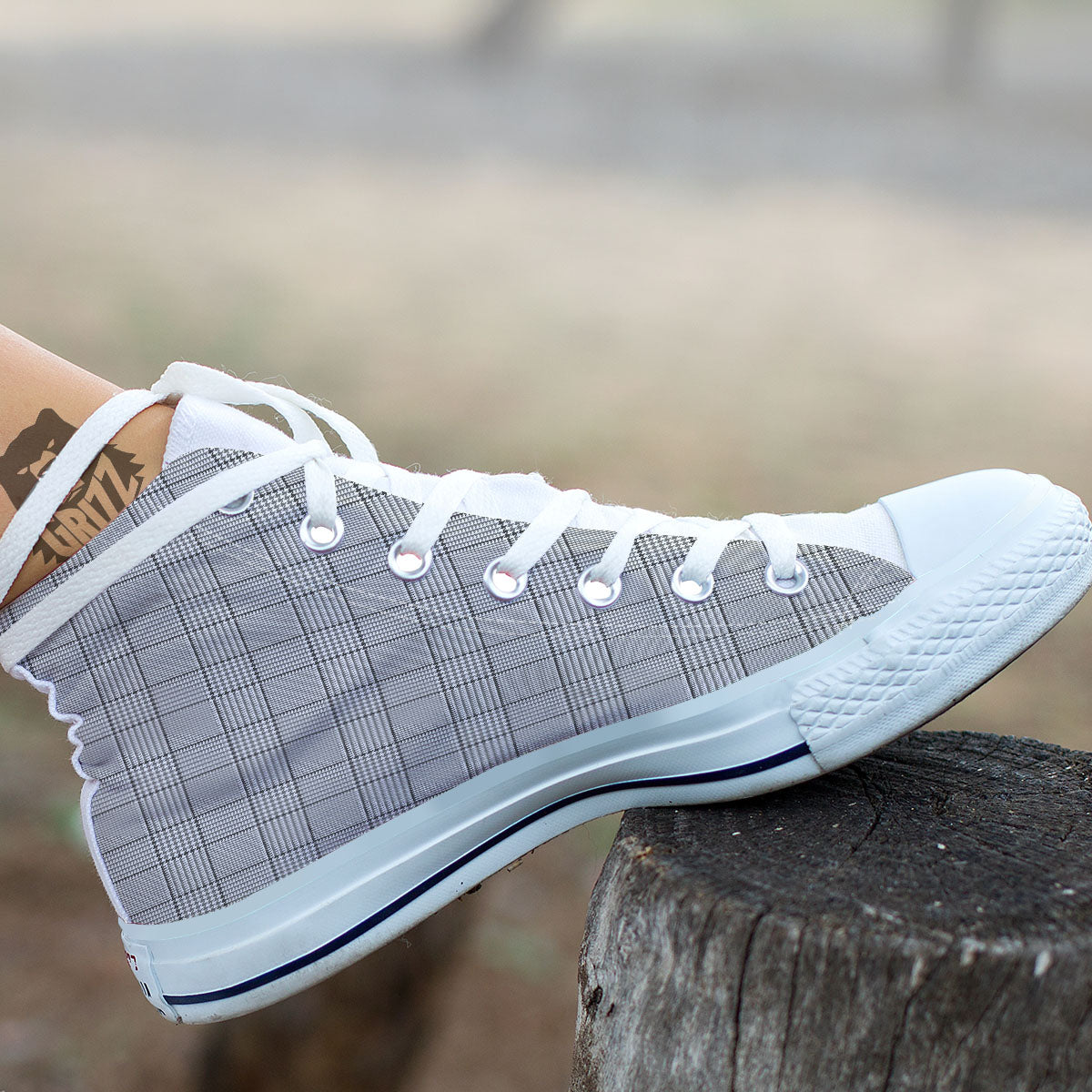 Glen Plaid White And Black Print White High Top Shoes-grizzshop