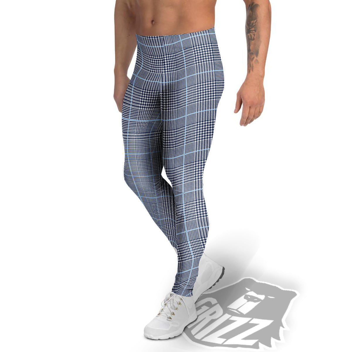 Glen Plaid White And Blue Print Men's Leggings-grizzshop