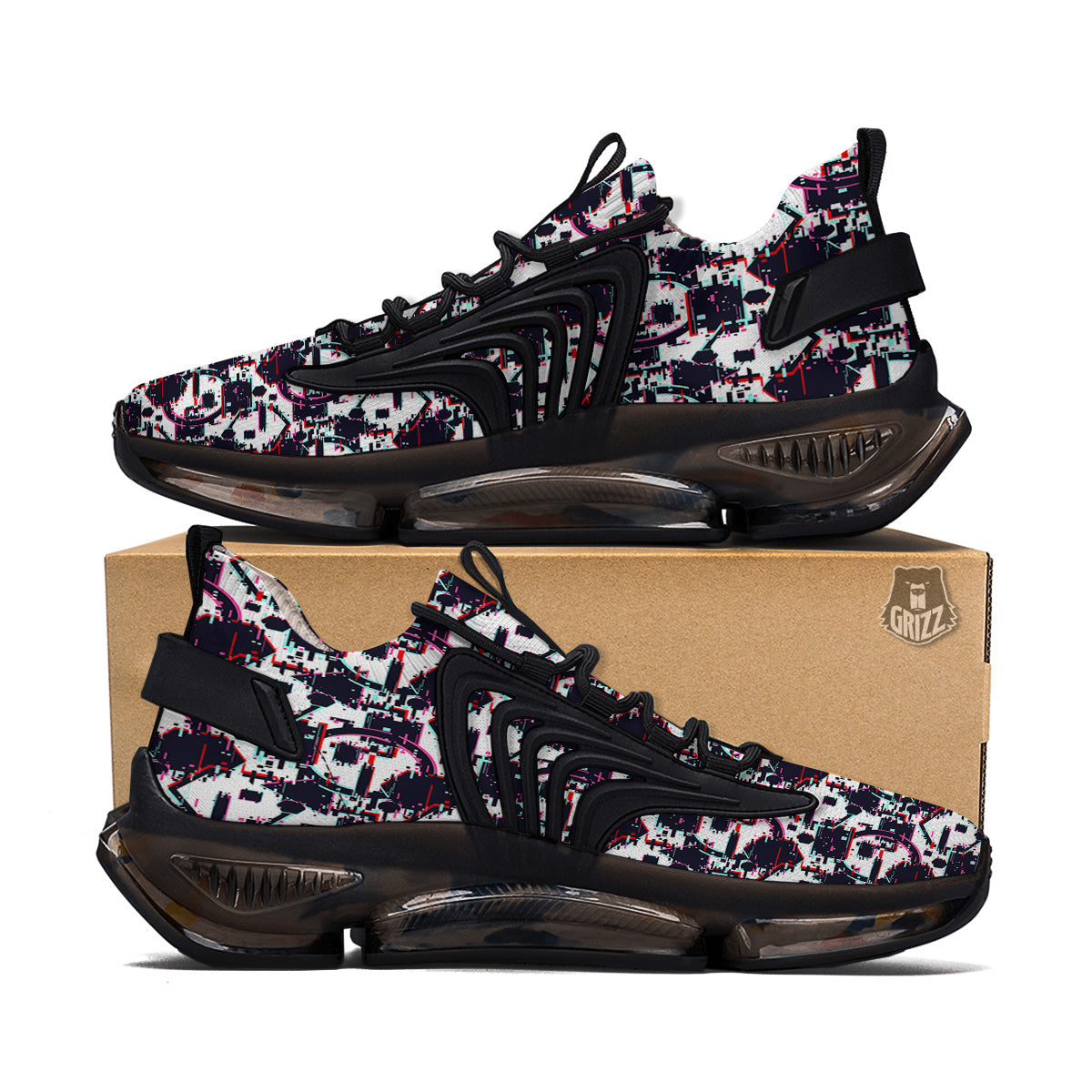 Glitch Effect Print Pattern Black Gym Shoes-grizzshop