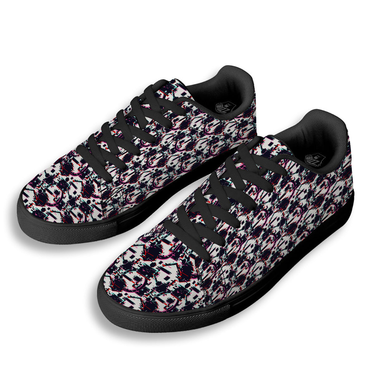 Glitch Effect Print Pattern Black Low Top Sneakers-grizzshop