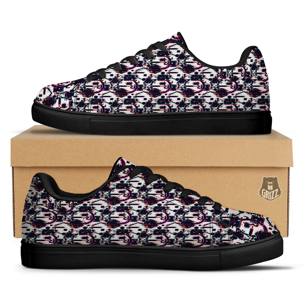 Glitch Effect Print Pattern Black Low Top Sneakers-grizzshop