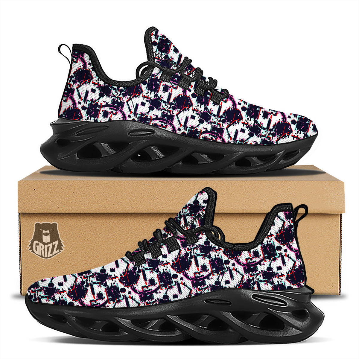 Glitch Effect Print Pattern Black Running Shoes-grizzshop