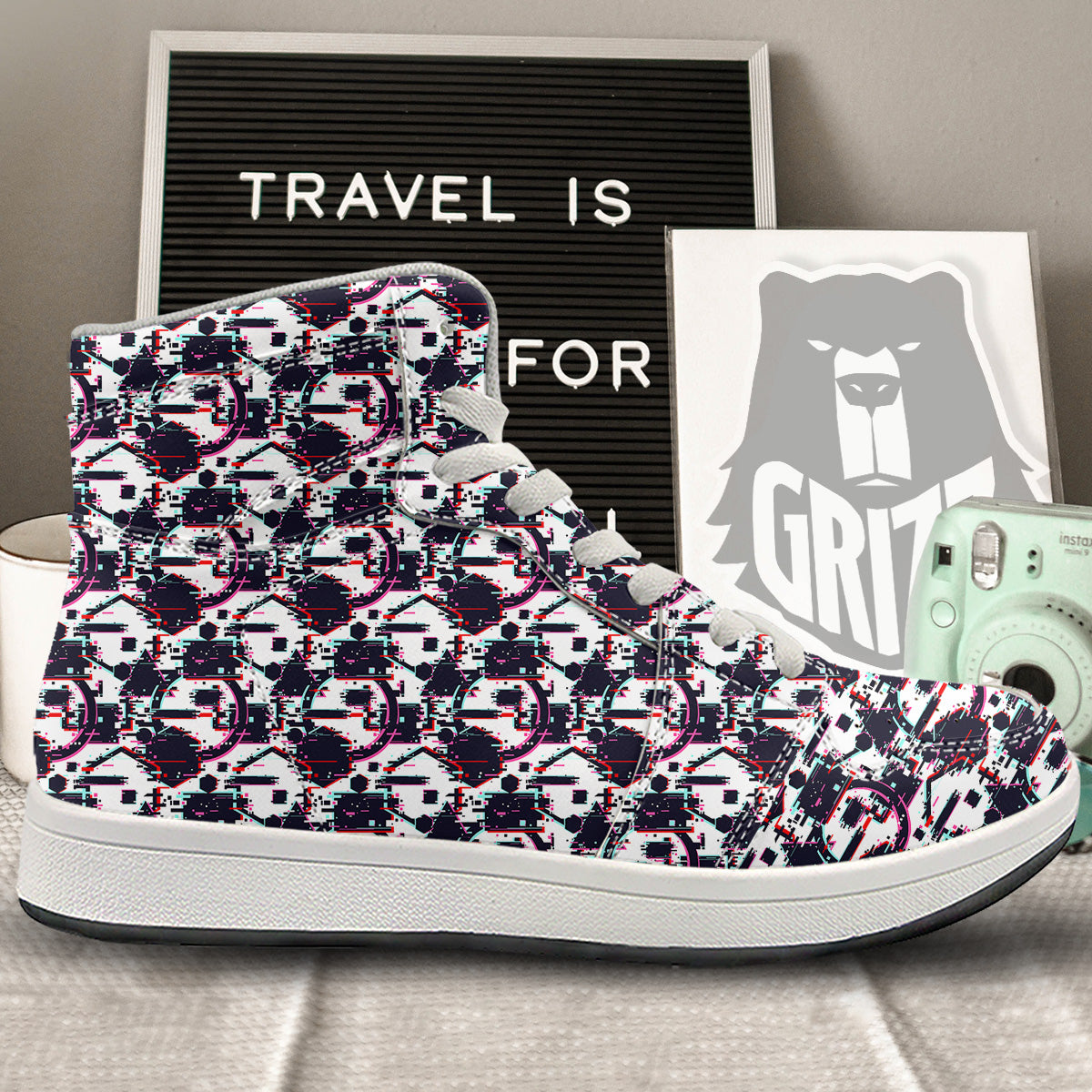 Glitch Effect Print Pattern High Top Sneakers-grizzshop
