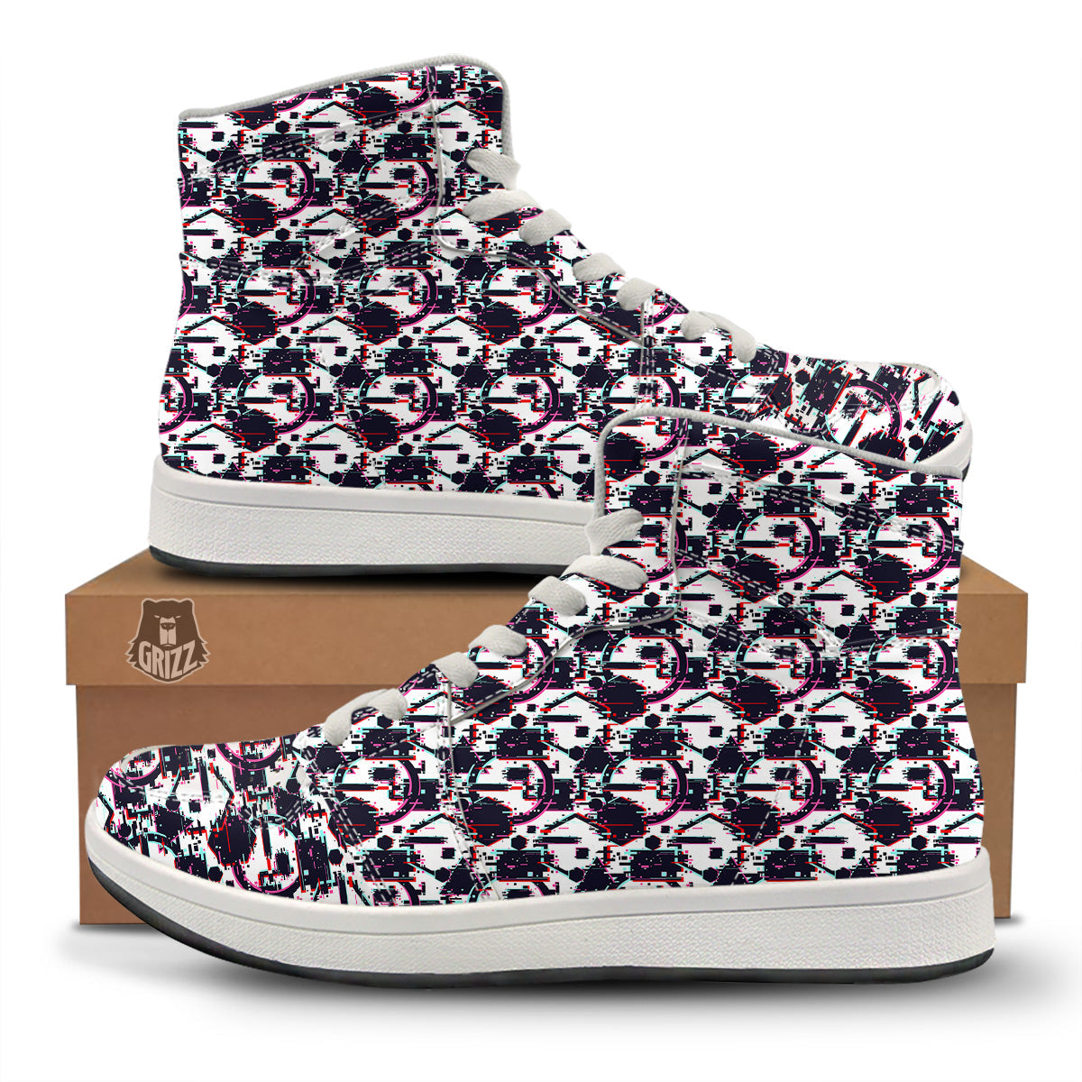 Glitch Effect Print Pattern High Top Sneakers-grizzshop