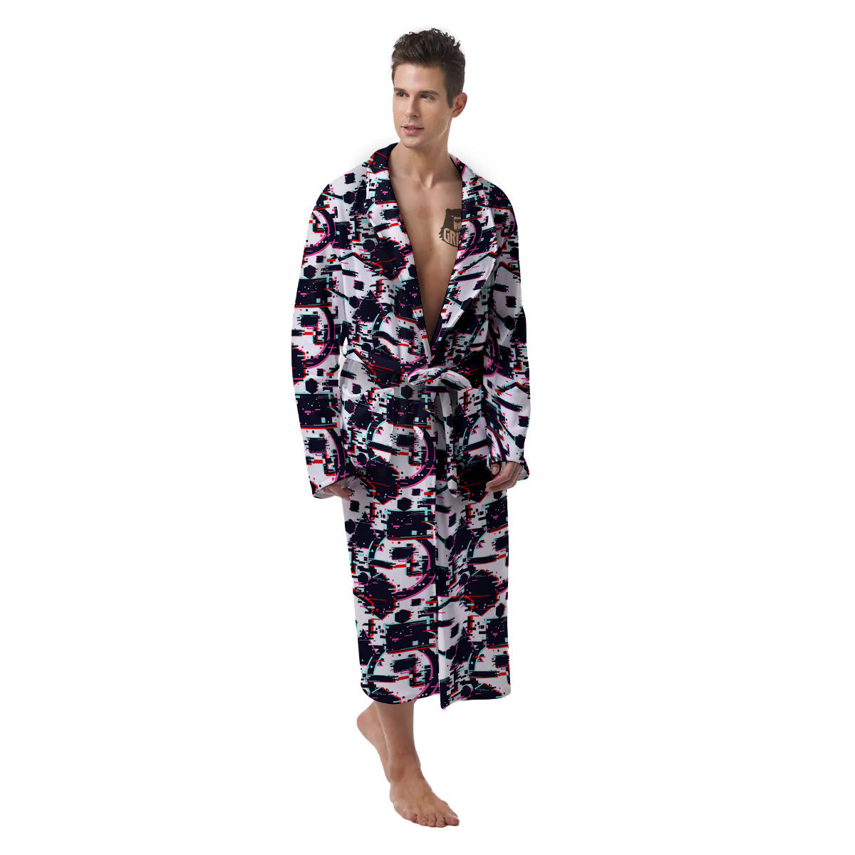 Glitch Effect Print Pattern Men's Robe-grizzshop