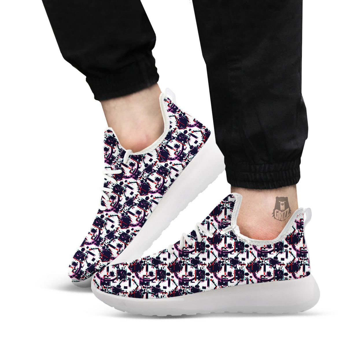 Glitch Effect Print Pattern White Athletic Shoes-grizzshop
