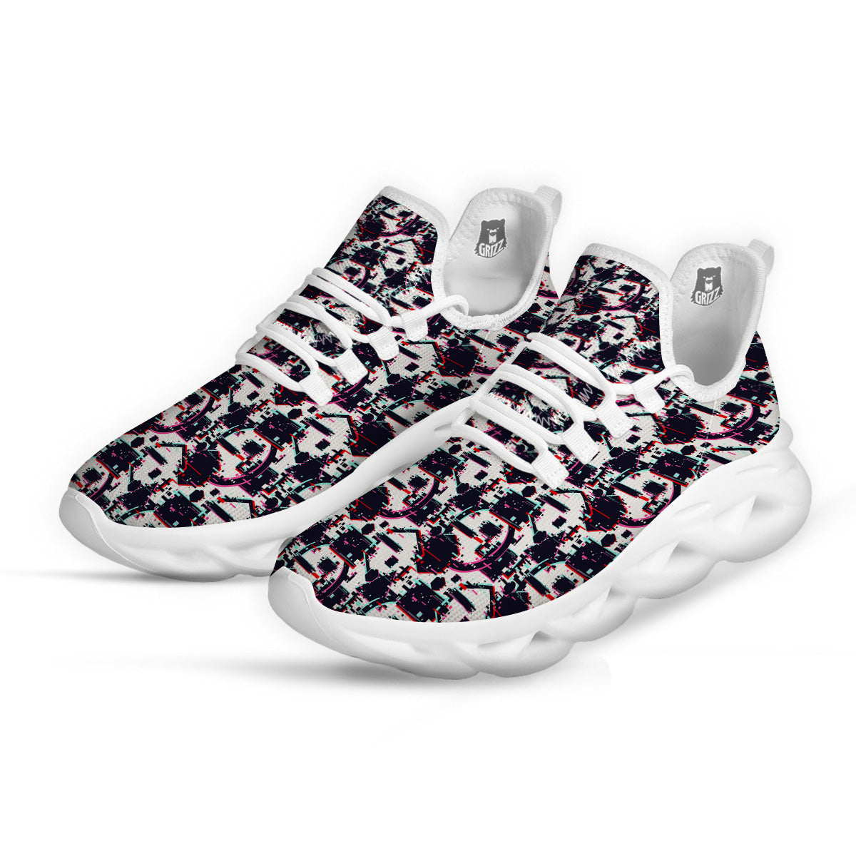 Glitch Effect Print Pattern White Running Shoes-grizzshop