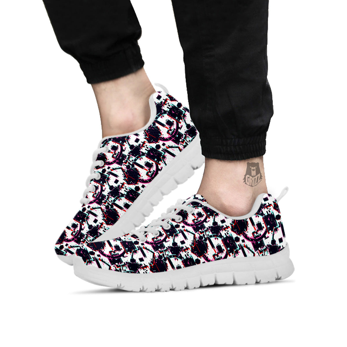 Glitch Effect Print Pattern White Sneaker-grizzshop