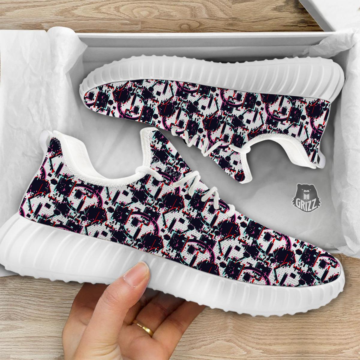 Glitch Effect Print Pattern White Walking Shoes-grizzshop