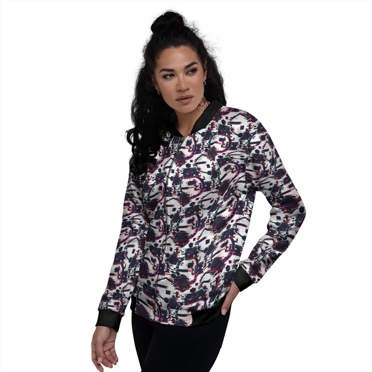 Glitch Effect Print Pattern Women's Bomber Jacket-grizzshop