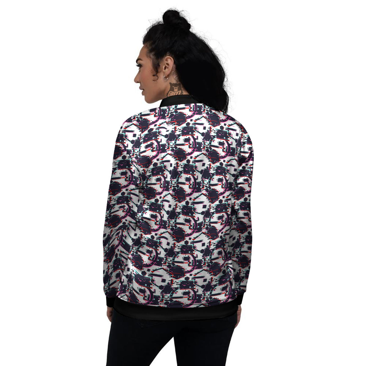 Glitch Effect Print Pattern Women's Bomber Jacket-grizzshop
