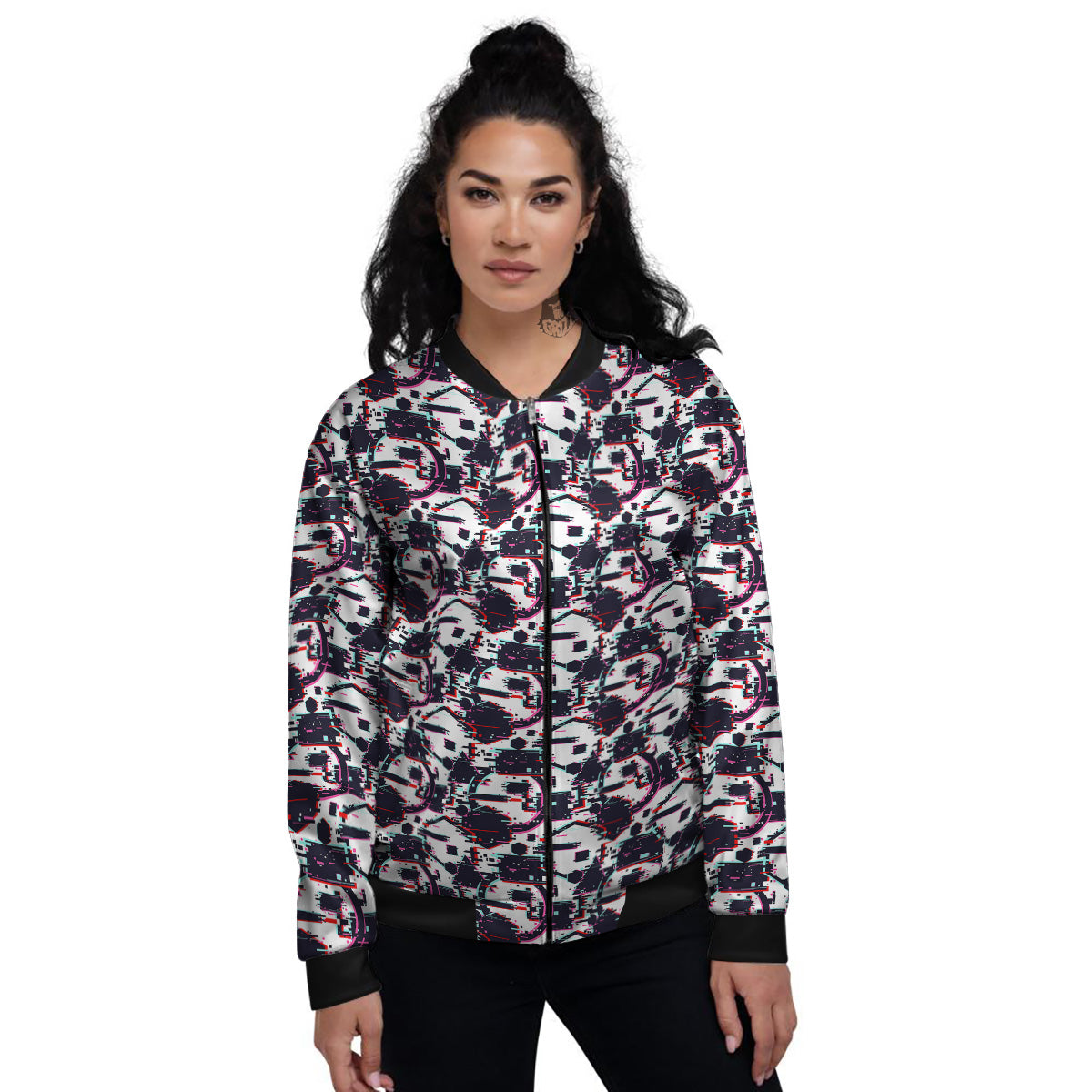 Glitch Effect Print Pattern Women's Bomber Jacket-grizzshop